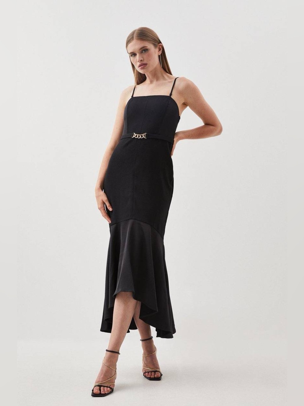 Karen Millen - Bardot Satin Back Crepe High Low Hem Woven Midi Cocktail Dress